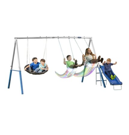 XDP Recreation Firefly ™ Galvanized Metal Swing Set with Slide, 2 Firefly LED Swing Seats and Super Disc Swing